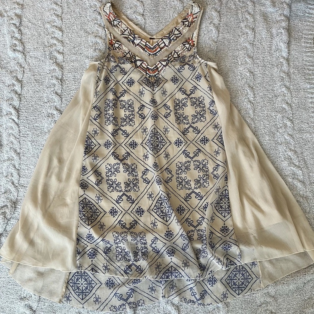 Free People Ancient Mystery Beaded Shift Dress Tea Combo‎ Sz Small Beige Boho
